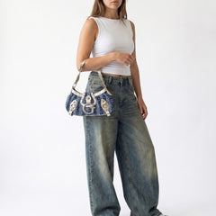 Gussaci Denim Baguette Bag Gold Light Denim