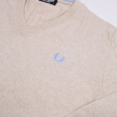 Fred Perry V-Kragen Longsleeve Pullover - Farbe: Beige - Größe: M - VintageR2