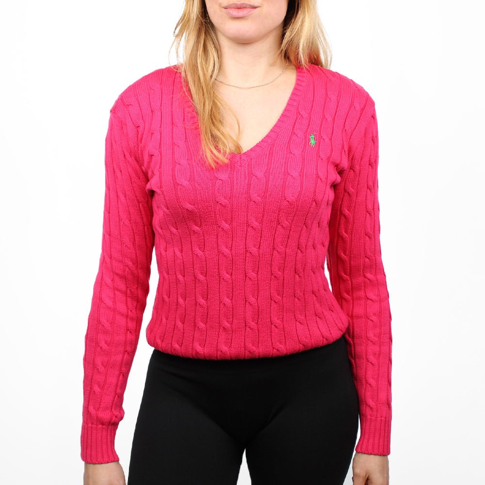 Ralph Lauren V-Neck Pullover mit Zopfmuster - Farbe: Pink - Größe: M - VintageR2