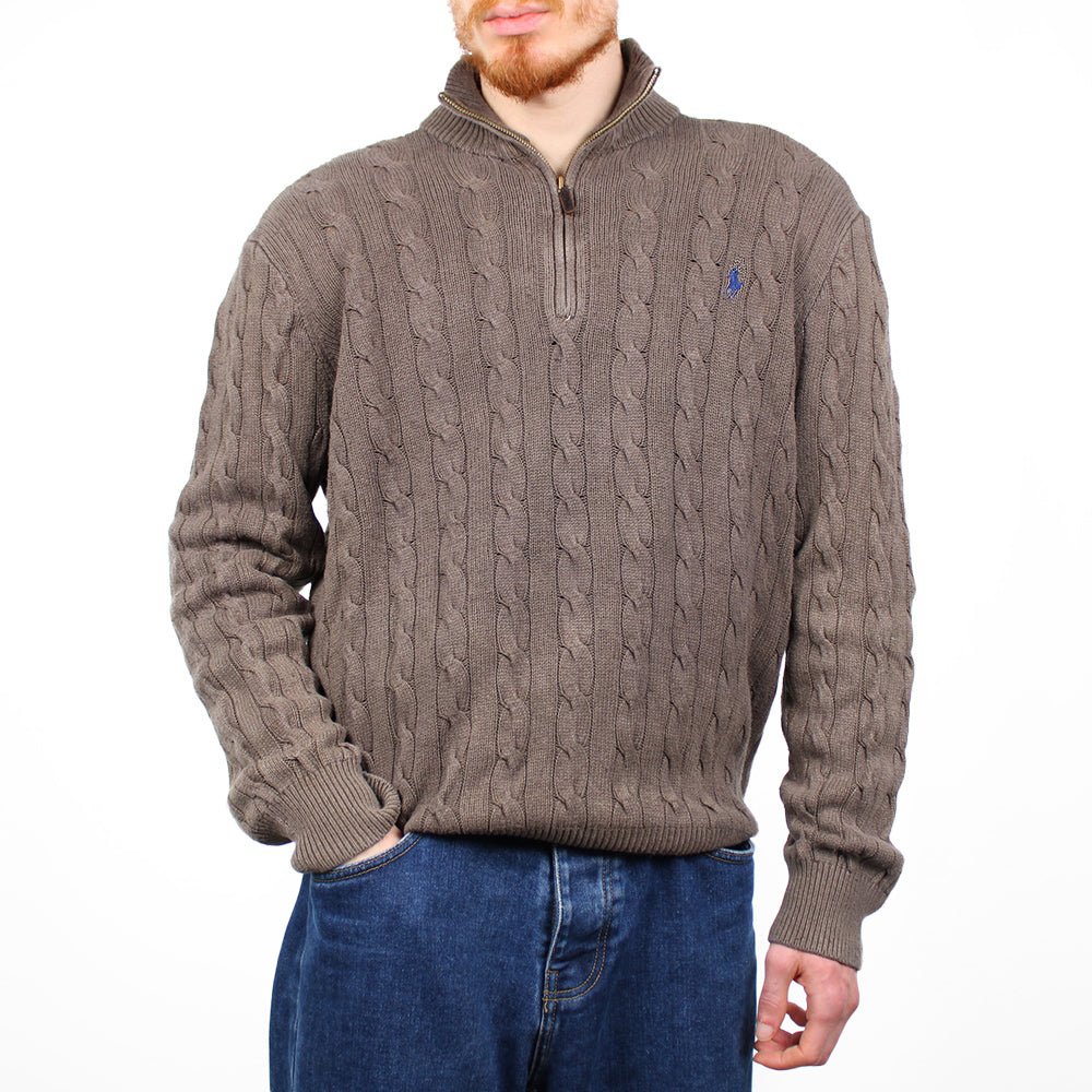 Ralph Lauren Vintage Troyer Pullover Half-Zip mit Zopfmuster - Farbe: Olive - Größe: XL - VintageR2