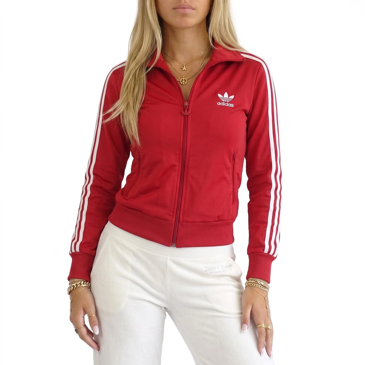 Adidas Trackjacket Firebird Rot Weiß Damen Polyester – Tragefoto_1