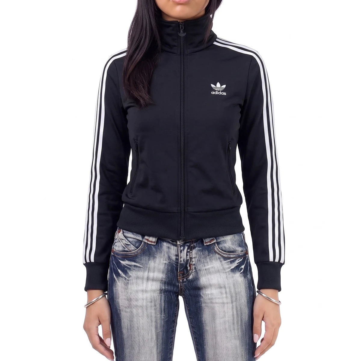 Adidas Trackjacket Firebird Schwarz Weiß Damen Polyester – Tragefoto_1
