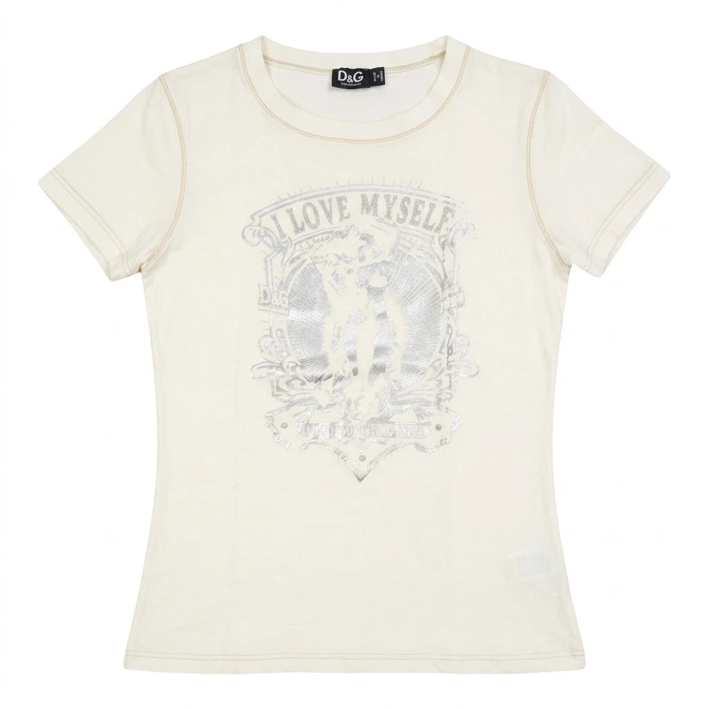 D&G T-Shirt Designer Creme Silber Damen Baumwolle – Vorderansicht