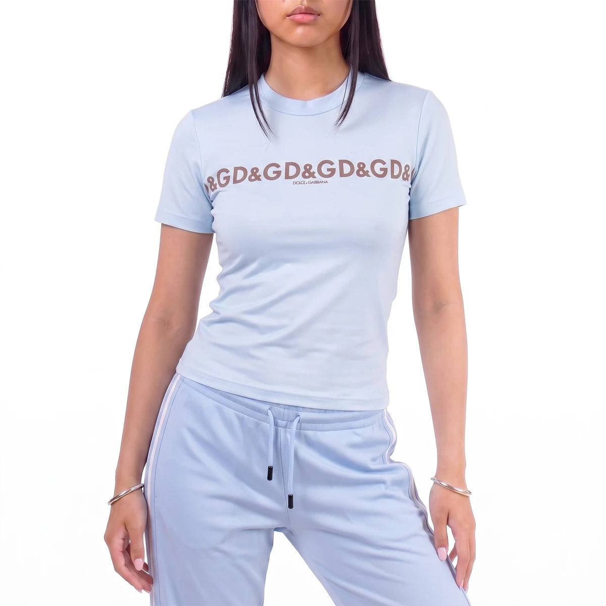 D&G T-Shirt Designer Hellblau Damen Polyester – Tragefoto_1