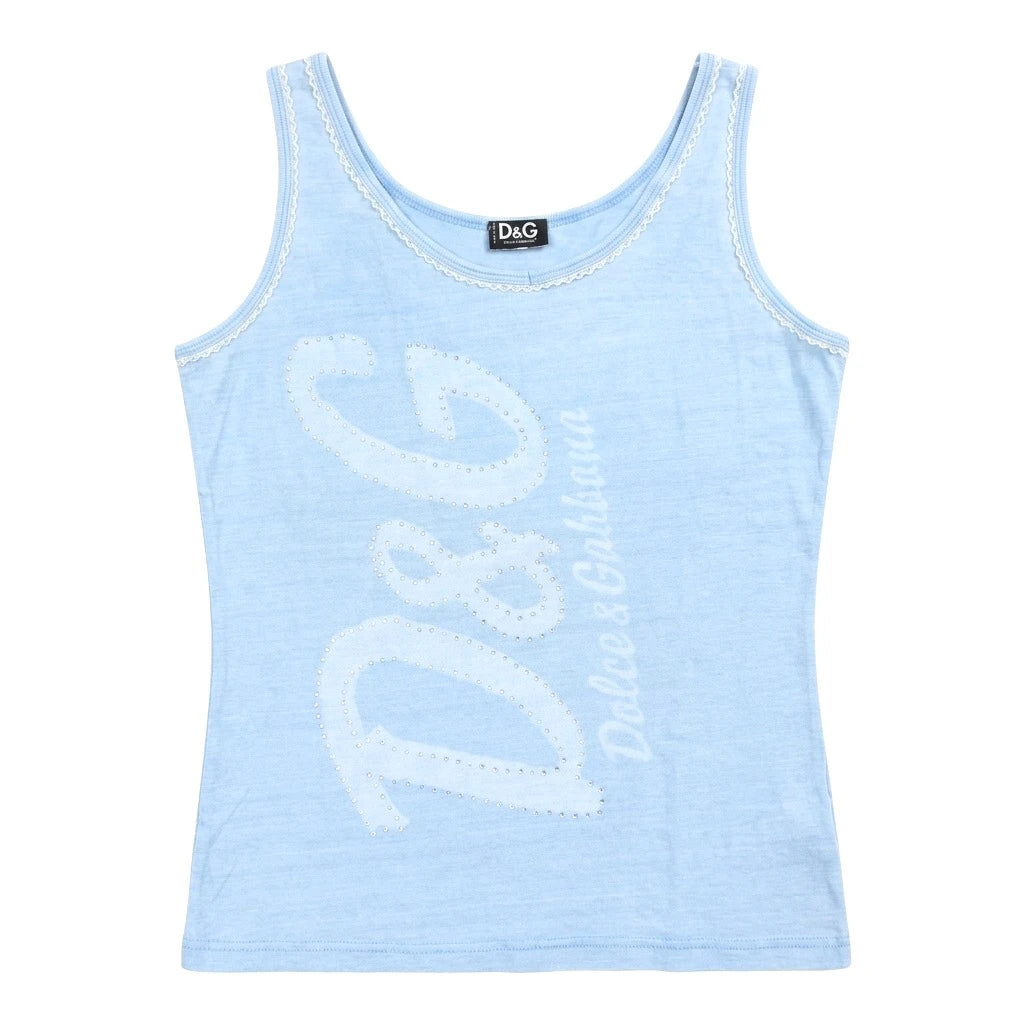 D&G Tanktop Designer Hellblau Weiß Damen Baumwolle – Vorderansicht