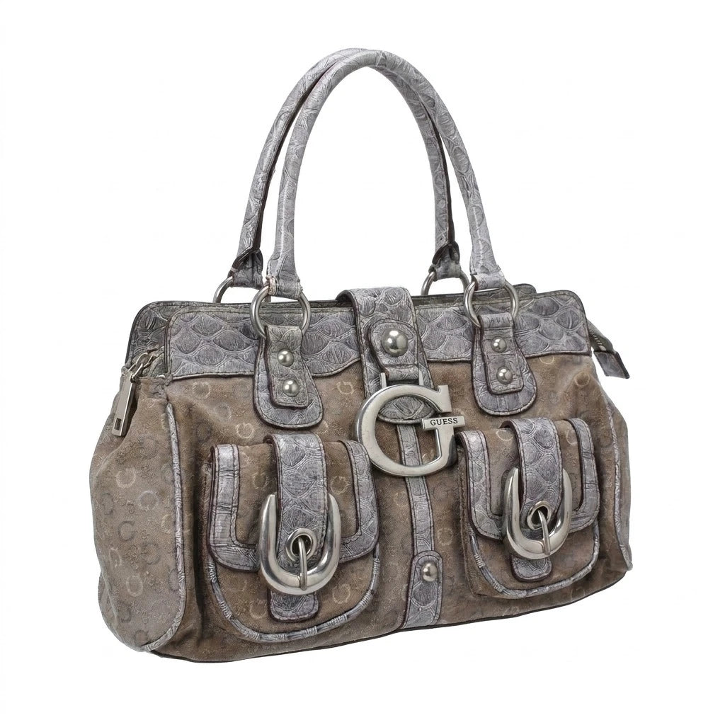 Guess Handtasche Y2K Braun Grau Damen Baumwolle Kunstleder – Vorderansicht
