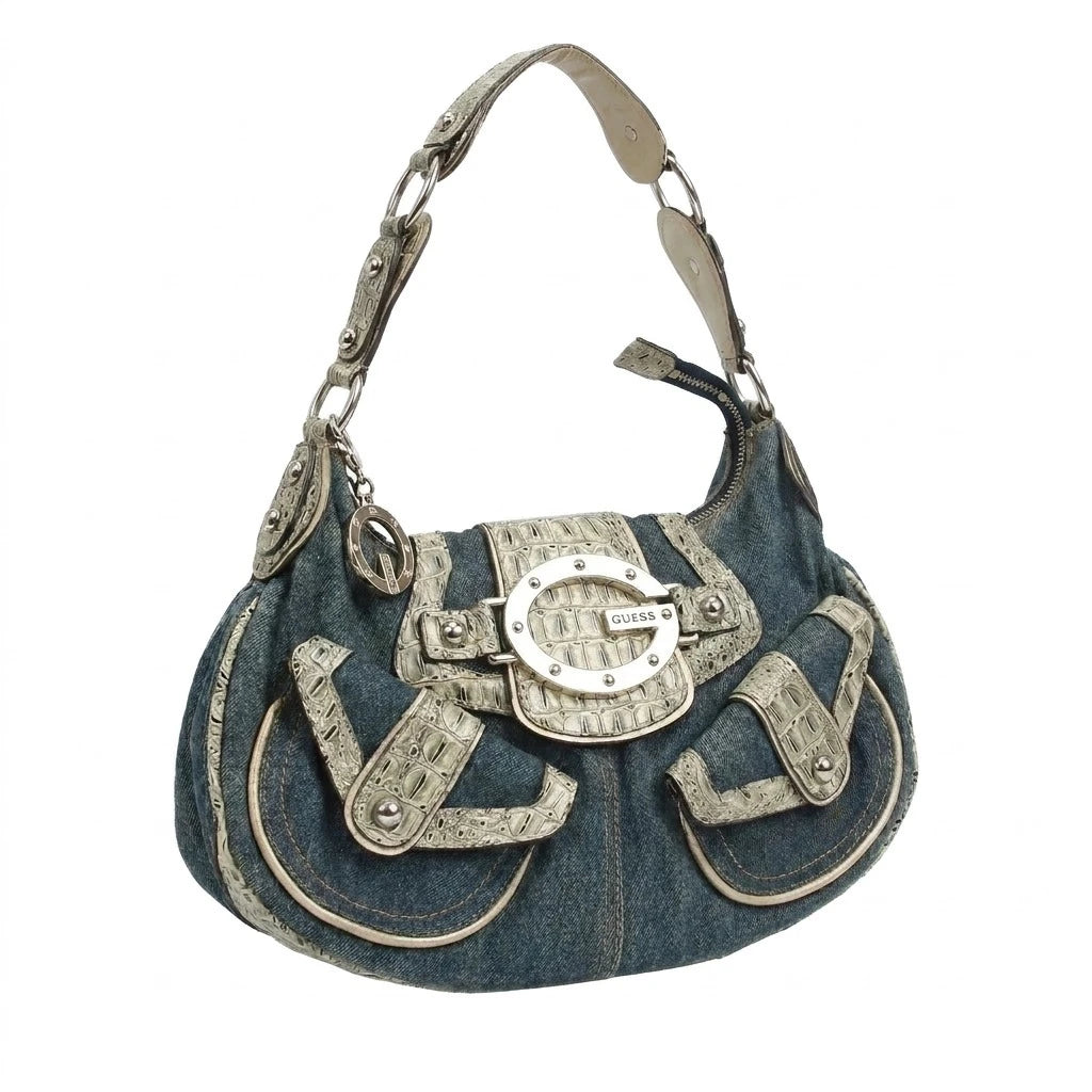Guess Handtasche Y2K Marineblau Creme Damen Baumwolle – Vorderansicht