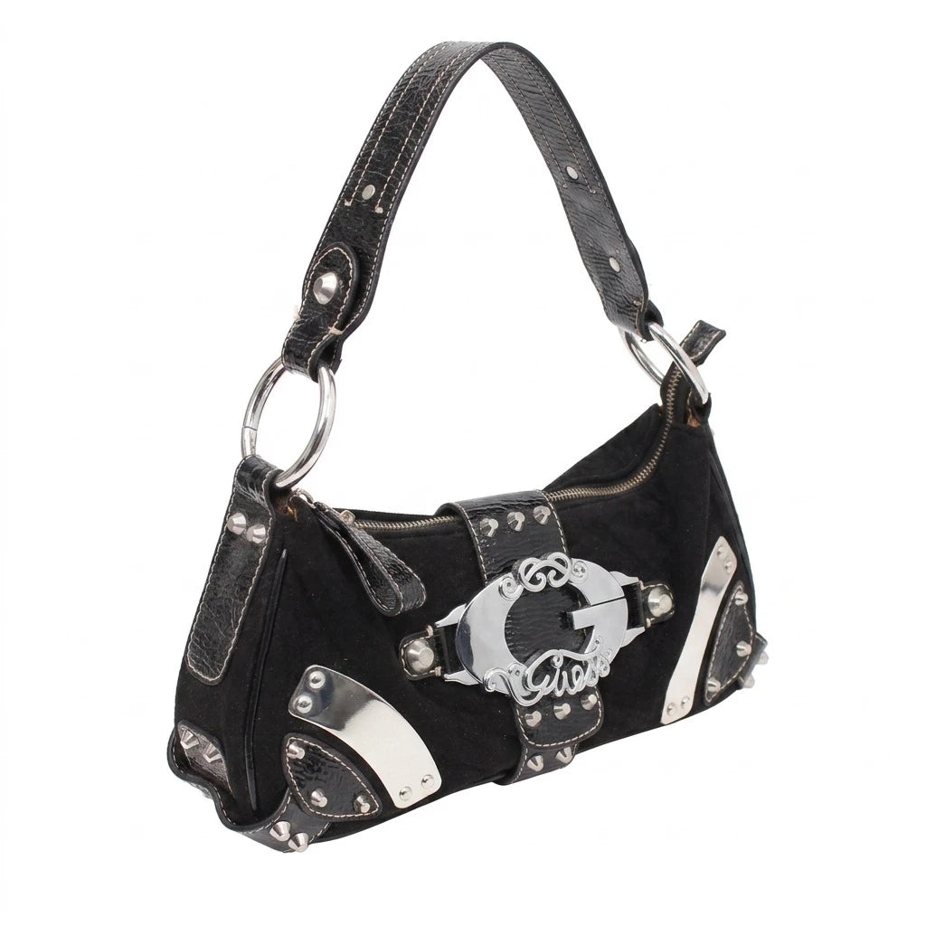 Guess Handtasche Y2K Schwarz Silber Damen Baumwolle Kunstleder – Vorderansicht