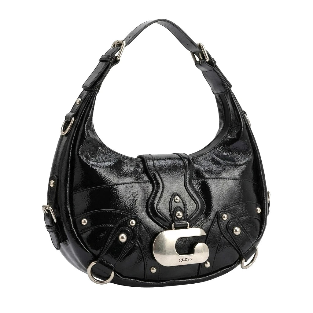 Guess Handtasche Y2K Schwarz Silber Damen Lackleder – Vorderansicht