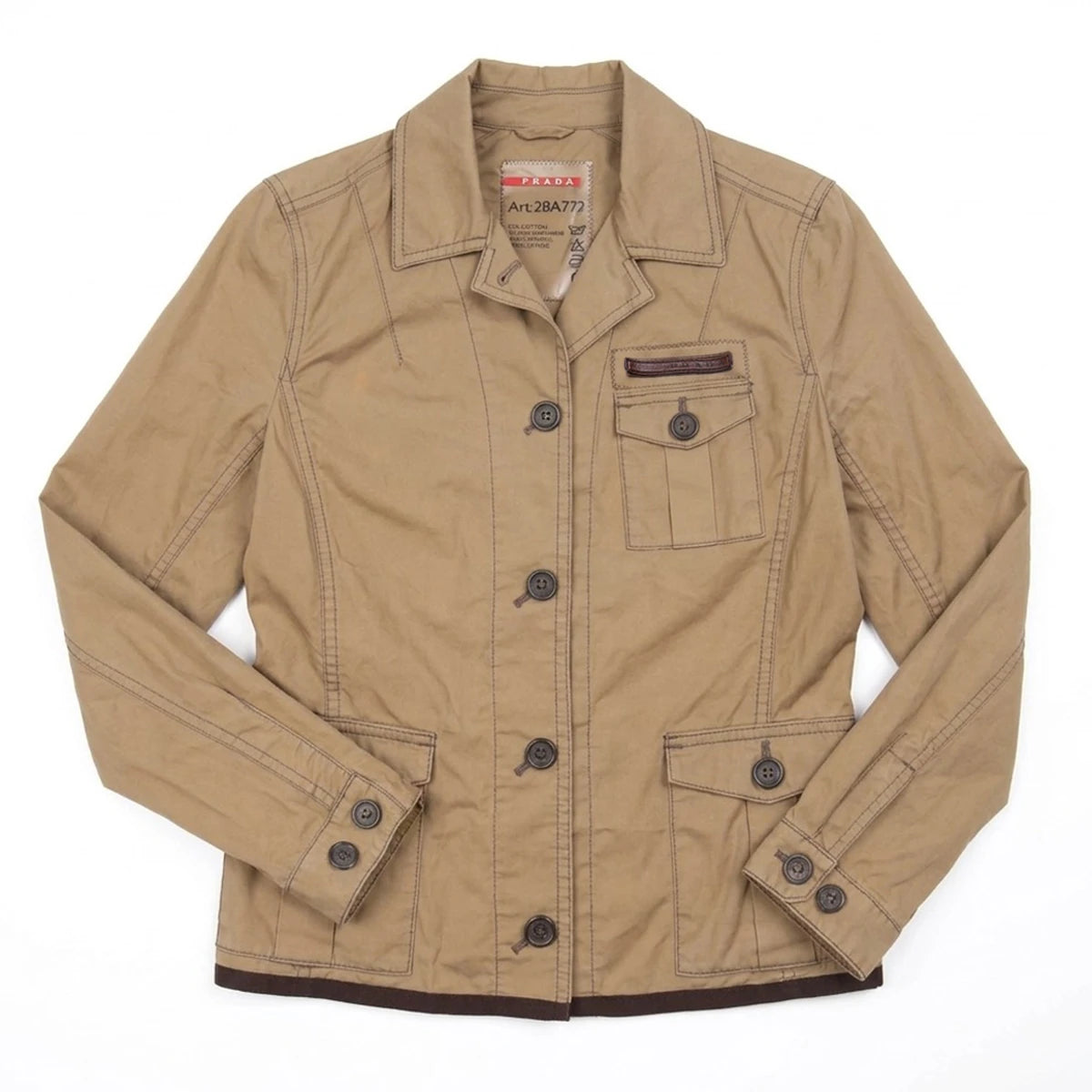 Prada Jacke Designer Beige Braun Damen Baumwolle, Polyurethan, Leder – Vorderansicht