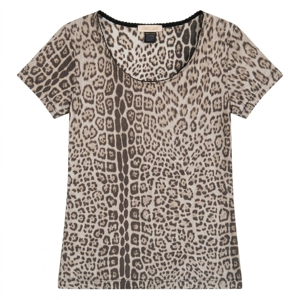 Roberto Cavalli T-Shirt Designer Beige Schwarz Damen Elastan Nylon – Vorderansicht