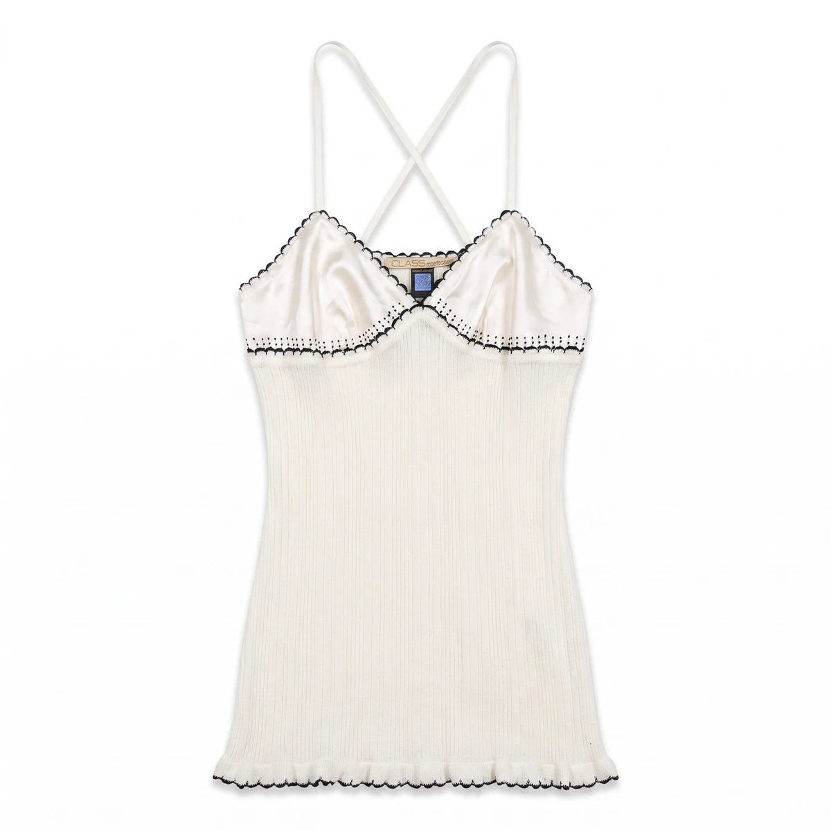 Roberto Cavalli Tanktop Designer Creme Schwarz Damen Viskose, Leinen, Polyamid, Seide, Elastan – Vorderansicht