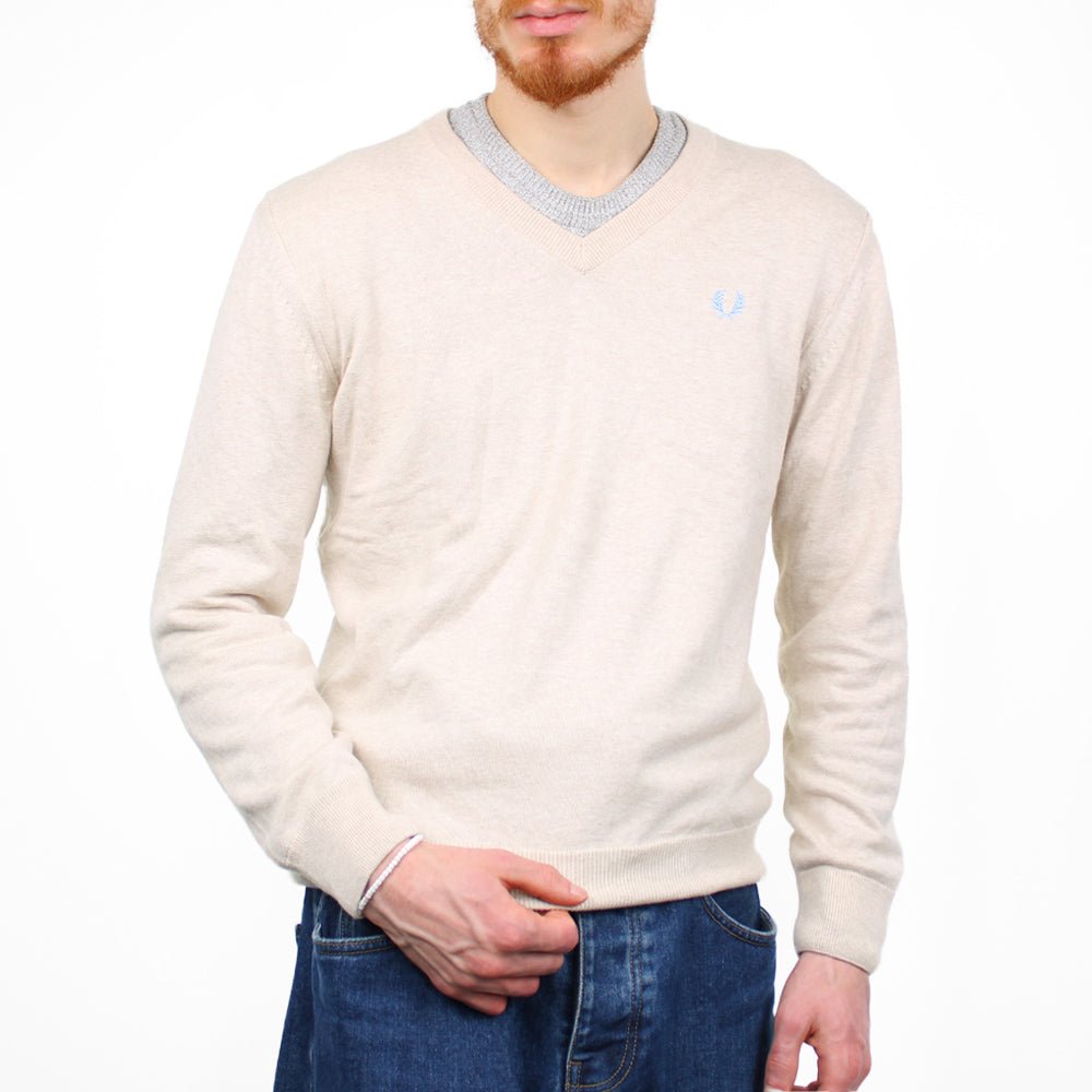 Fred Perry V-Kragen Longsleeve Pullover - Farbe: Beige - Größe: M - VintageR2