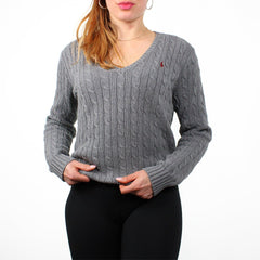 Ralph Lauren Pullover mit Zopfmuster V-Neck - Farbe: Grey - Größe: L - VintageR2